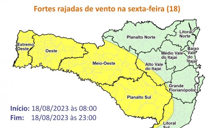 Defesa Civil de SC alerta para fortes rajadas de vento nesta sexta, 18